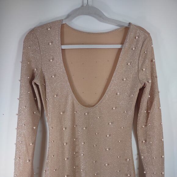 Nude Pearl Embellished Maxi Dress, Fitted, Size Small - Picture 4 of 8